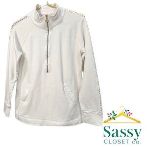 Lilly Pulitzer White Cotton Half Zip Sweatshirt Cutout Lace Sleeve Size M EUC